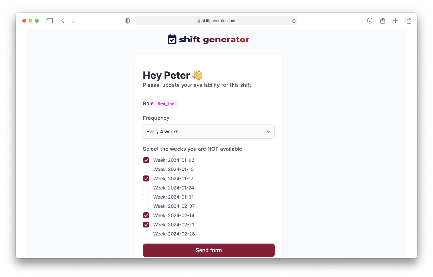 screenshot of our shiftgenerator form